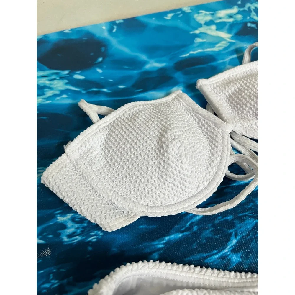 ☀️White Smocked Underwire Bikini Set High Cut Cheeky Two Piece Swimsuit